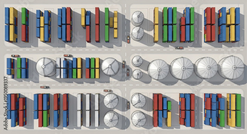 Overhead View of Colorful Shipping Containers and Spherical Structures.