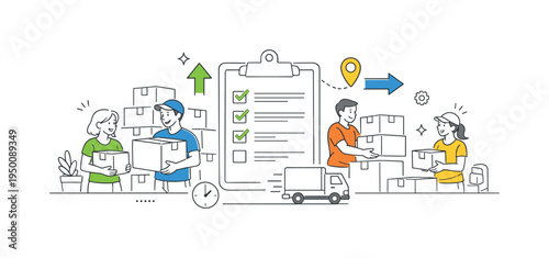 A logistics and relocation activity scene where people carry boxes while organizing items during a home or office move, illustrated through a visual metaphor of stacked boxes, a