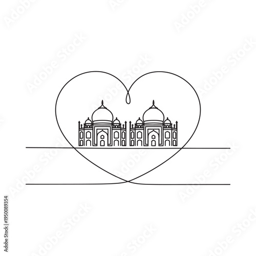 A minimalist line drawing depicts the taj mahal enclosed within a continuous heart shaped outline high quality