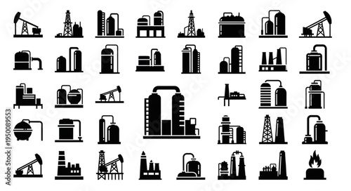 Silhouette Illustrations of Industrial Oil and Gas Production Facilities.