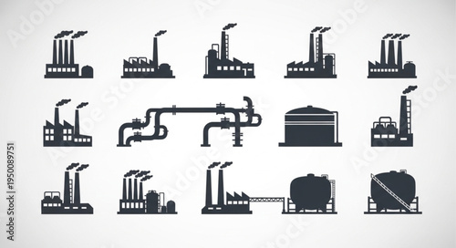 Industrial Plant Silhouettes - A Collection of Factory and Pipeline Icons.