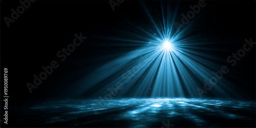 Glowing blue abstract space background featuring a bright star burst with light rays and energy flares across a dark night sky pattern
