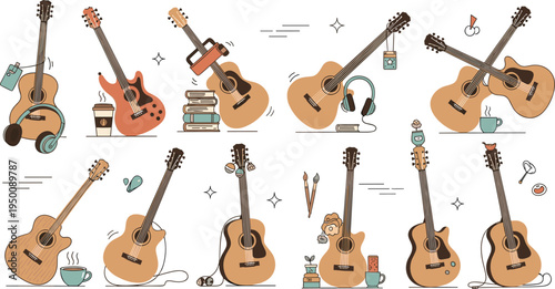 Acoustic guitar lifestyle illustration set with coffee, books, headphones, music practice scenes and cozy creative workspace elements, modern flat musical instrument vector collection