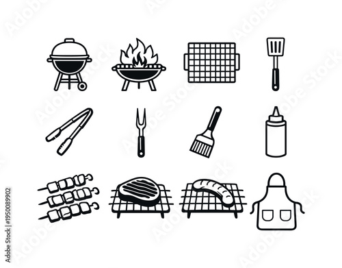 BBQ grilling equipment: charcoal grill with lid, barbecue grill with flame, grill grate, spatula turner, barbecue tongs, grilling fork, basting brush, sauce bottle, skewers with