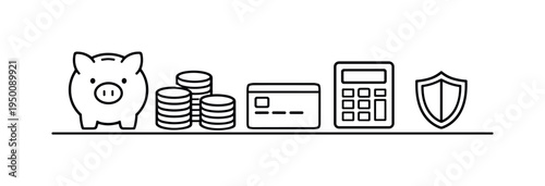 Personal finance planning and responsible money management for long-term stability and financial confidence in everyday life, piggy bank, stack of coins, credit card, calculator