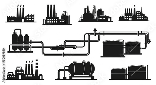 Industrial Plant and Factory Silhouette Vector Illustration Collection.