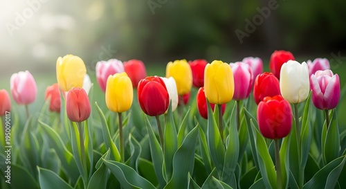 Vibrant tulip garden in full bloom with diverse colorful flowers