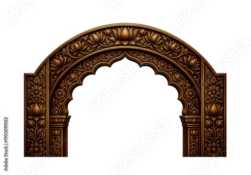 An intricately carved ornate archway featuring floral motifs and detailed patterns presented on transparent background high-quality professional modern elegant