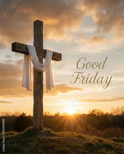 Good friday background with christian cross with a white shroud.