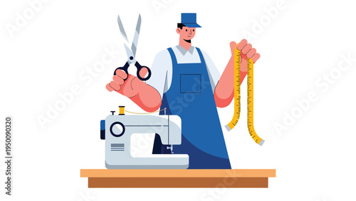 Crafting Precision: A skilled artisan in the fashion industry meticulously measures fabric with a measuring tape, alongside a sewing machine and scissors.