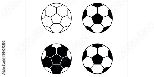 Clean and minimalistic set of four traditional black and white soccer balls, ideal for sports branding, marketing materials, educational content, and design projects.