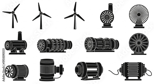 Collection of Wind Turbines, Fans, and Electric Motors in Black and White.