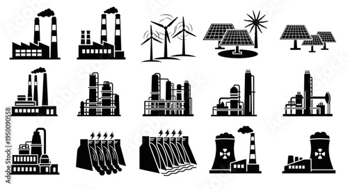 Diverse Energy Production Icons - Factories, Wind Turbines, Solar Panels, and Dams.