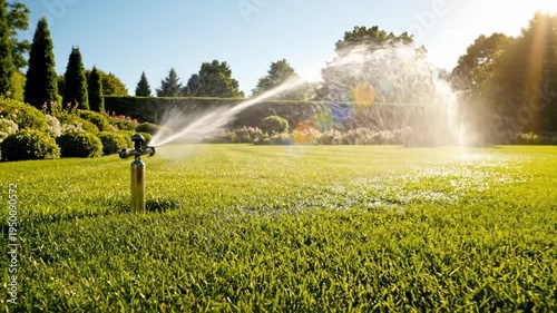 Video of rotating garden sprinkler creating wide water arc over landscaped yard, outdoor maintenance scene, eco friendly watering system concept for lifestyle marketing.