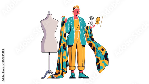 Fashion Designer's Studio: A fashion designer, stands amidst their creative space, surrounded by a dress form, fabric, and tools, embodying the art of couture.