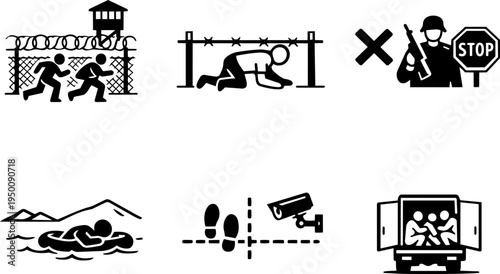 Border security illegal migration line icons
