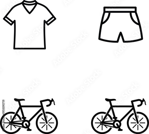 Set of 4 cycling icons vector, bicycle and cycling clothing