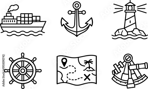 Maritime navigation sea transport line icons