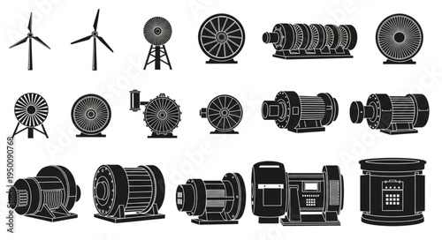 Collection of Wind Turbines and Electric Motors in Black and White.