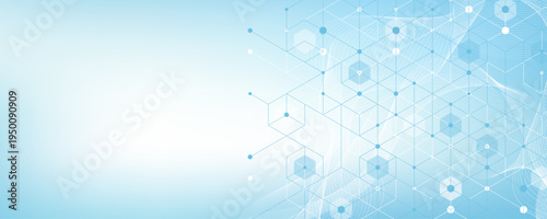 Modern health care or medical background design. Health care innovation concept. Horizontal header web banner. Abstract geometric background with hexagon shapes for medicine, science, chemistry.