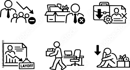 Employee layoff job loss line icons