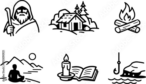 Hermit solitude meditation lifestyle line icons. Vector
