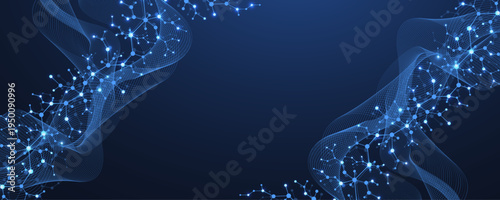 Molecular abstract structure and genetic engineering DNA. Healthcare and medicine background concept. Scientific research background. Wave flow. Innovation pattern. Vector illustration.