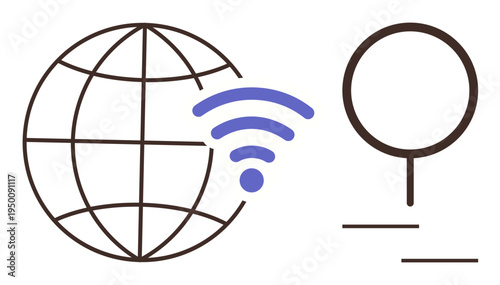 Digital communication, internet access, global search, online networking, technology services, data sharing. Globe with wireless symbol and magnifying glass icon. Internet access and global search