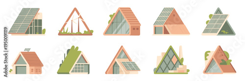 Minimalist sustainable architecture icons – Suitable for urban planning documents, eco-conscious marketing, or green technology apps.