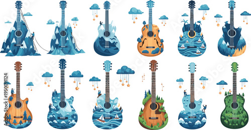 Creative acoustic guitar landscape illustration collection featuring mountains, ocean waves, forests, clouds, and tiny travelers integrated into musical instruments, imaginative nature inspired 