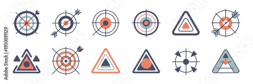 Triangle focus target icon set – Ideal for business goal presentations, productivity apps, or motivational marketing materials.
