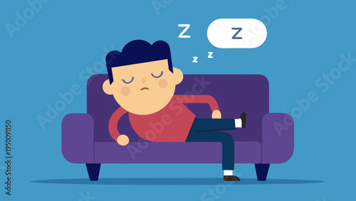 Tired man napping comfortably on a purple sofa with 'Zzz' symbols, depicting rest and relaxation vector illustration.