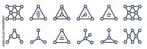 Minimalist molecular abstraction icons – Suitable for medical innovation apps, genomic research, or lab equipment guides.