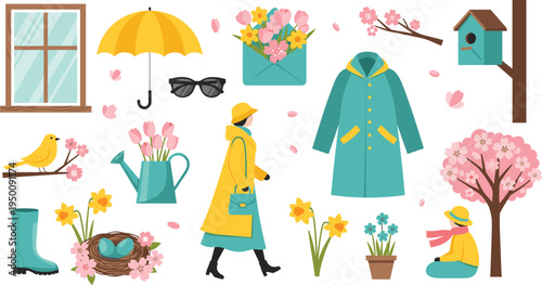 Spring season elements vector collection with blooming flowers, raincoat, umbrella, window, birds and gardening scenes for seasonal design