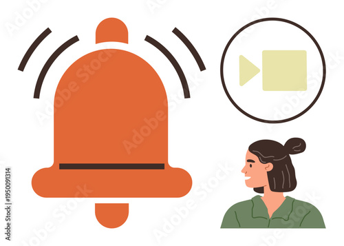 Notifications, video calls, communication, engagement, reminders, technology. Vibrating red bell, video camera icon and person observing. Notifications and video calls captured visually