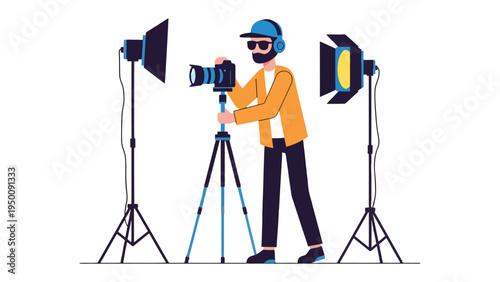 Professional Cameraman at Work: Capturing a cinematic scene, a cameraman meticulously adjusts his equipment. Surrounded by professional lighting, he readies to record the perfect shot.