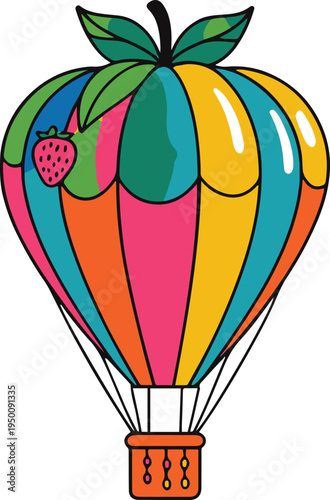  Colorful bold line art illustration of a hot air balloon shaped like a strawberry, whimsical travel concept, thick rounded vector outlines, vibrant flat colors, minimal composition, isolated on 1