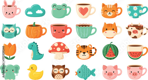 Cute animal and novelty mugs cartoon vector collection with cat, tiger, pig, owl, pumpkin and dinosaur cups for kids drink design