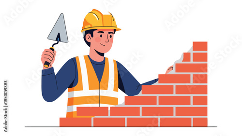 Construction worker at work: A construction worker skillfully lays bricks, meticulously crafting a solid wall, while donned in his safety gear, which underscores the dedication to work and safety.
