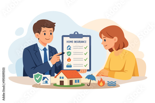 Insurance agent explaining home insurance policy to a woman.