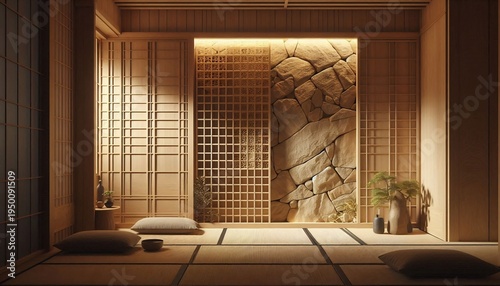 Serene Japanese Room with Tatami Mats and Natural Stone Accent Wall.
