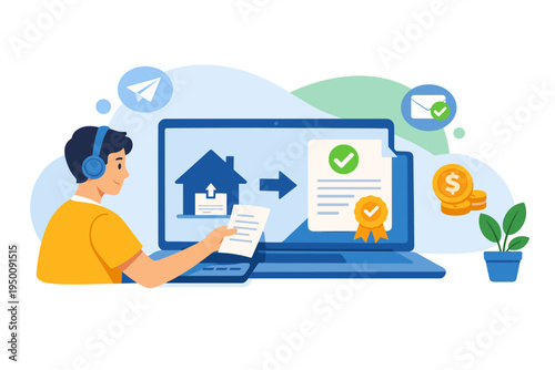 Person working on laptop with online mortgage application.