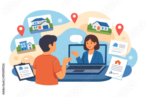 Real estate agent and client discussing property online.