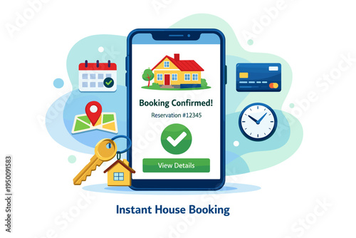 Smartphone displaying instant house booking confirmation with icons.
