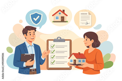 Real Estate Agent Explains Home Insurance Policy to Client.