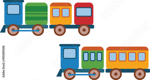 Colorful cartoon toy train vector set, kids locomotive with wagons, railway transport vehicle illustration collection