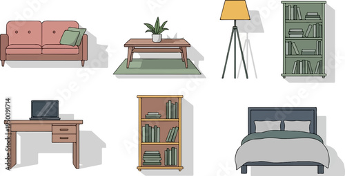 Simple illustration of a living room and bedroom furniture ensemble with shadows