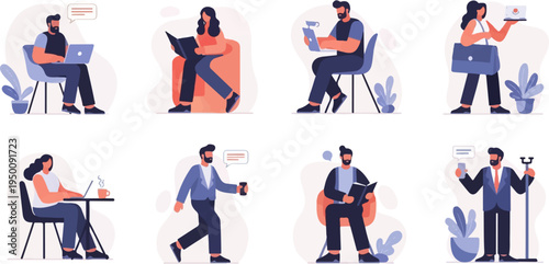 Diverse individuals engaged in various activities working, reading, and communicating with devices