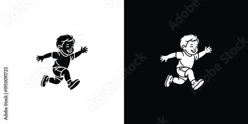 Black and white of a smiling toddler running on white and black backgrounds child baby