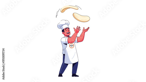 Chef's Artistic Toss: A skilled chef in a classic hat and apron masterfully tosses pizza dough, showcasing culinary expertise. capturing the dynamic energy of preparation